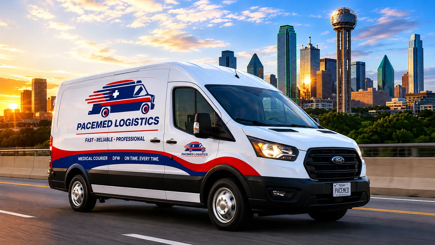 PaceMed Logistics medical courier van serving Dallas Fort Worth